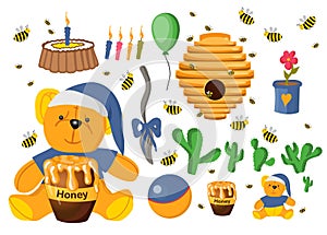 Sticker set Winnie the Pooh. Toys isolated on a white background. Plush witch. Flower in a pot. Elements for baby cards. Fairy-