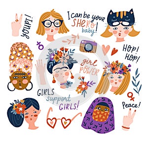 Sticker set of women of different nationalities and religions. Cute and funny girls characters. Feminism concept design. Vector