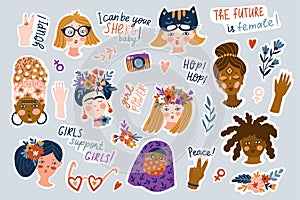 Sticker set of women of different nationalities and religions. Cute and funny girls characters with funny phrases. Feminism concep photo