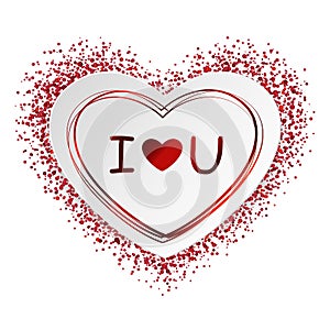 Sticker, shape of heart from paper with red frame and confetti, sparkles and lettering I Love you on white background