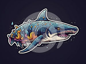 Sticker with a shark swimming in the ocean in vector art style. AI generated