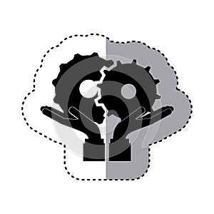 Sticker silhouette of hands holding a gear wheel icon