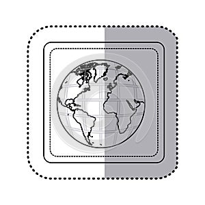 sticker silhouette square button earth world map with continents in 3d