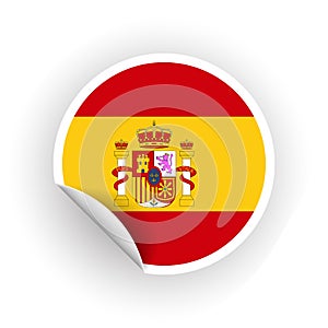 Sticker of Spain flag with peel off corner isolated on white background. Paper banner or circle curl label sticker with flip edge