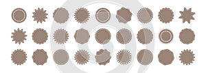 Sticker star shape, badge starburst, price tag circle, sale round vector icon, sun label, brown sign Award, achievement, medal set