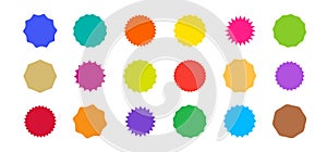 Sticker starburst shape, colorful badge star, sale round vector icon, price circle, sun label, color tag. Award and medal,