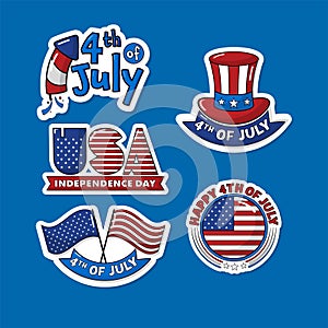 Sticker Style 4th Of July, USA Independence Day Font With American Flag, Fireworks Rocket And Uncle Sam Hat