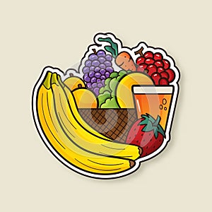 Sticker Style Big Fruits Bowl and Juice Glass Isolated on Beige