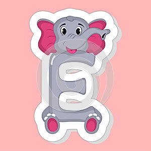 Sticker Style E Alphabet Animal Cartoon Elephant On Pink