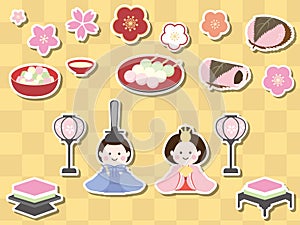 Sticker-style Hinamatsuri item set. Hina-sama, sakura mochi, dumplings, hina-arare