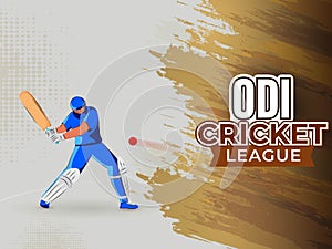 Sticker Style ODI Cricket League Text with Illustration of Batter Player Hitting Ball