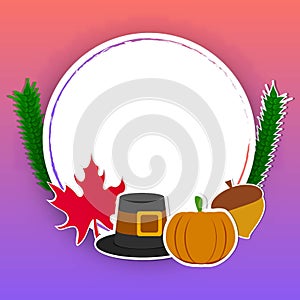 Sticker style pilgrim hat, pumpkin, wheat ear, acorn, maple leaf and empty circular frame given for your message on pink and