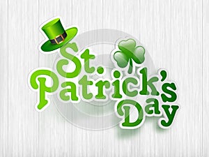 Sticker style text of St. Patrick`s Day with clove leaf and leprechaun hat.