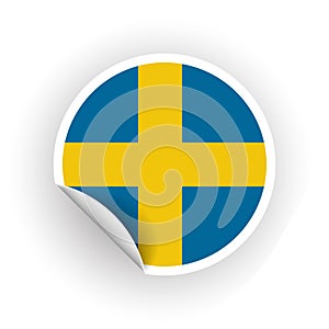 Sticker of Sweden flag with peel off corner isolated on white background. Paper banner or circle curl label sticker with flip edge