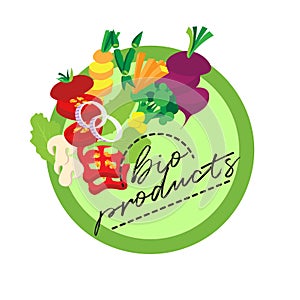 Sticker Tags Design, Label design, Fresh food vegetable salads, vector file, flat style. Eco farm. Bio product