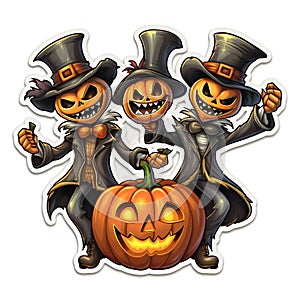 Sticker three scarecrows and jack-o-lantern pumpkin, Halloween image on a white isolated background