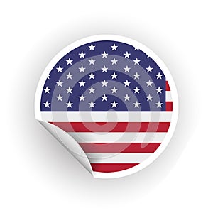 Sticker of USA flag with peel off corner isolated on white background. Paper banner or circle curl label sticker with flip edge.