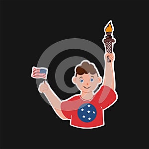 Sticker Vector Of Smiley Boy Holding Flag And Flaming Torch On Black