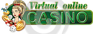 Sticker. A virtual online casino with a pretty girl, chips, dice and coins. An additional PNG format is available.