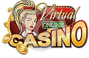 Sticker. Virtual online casino with a pretty girl and coins. An additional PNG format is available.