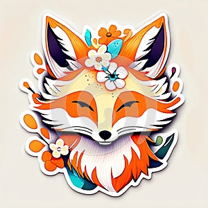 Sticker with a vivid cute foxy head amidst fantasy flowers.