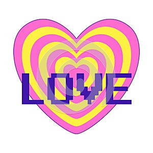 Sticker in Y2k style.Sticker in the shape of an offsetting heart with the word Love. Retro pixel font. Nostalgia for the 2000s.