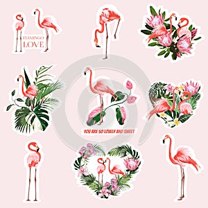 Flamingo, cute animals, tropical flowers. Set of cartoon stickers, patches, badges, pins, prints for kids.