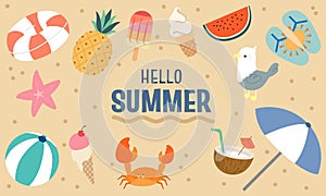 Stickers of beach with elements summer items such as a beach ball, umbrella, and a crab