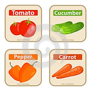 Stickers for canned vegetables. Cucumber, tomato, carrot, pepper.