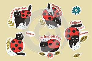 Stickers with cat ladybirds and inscriptions. Vector graphics