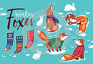 Stickers collection with cartoon foxes in cozy sweaters. Vector illustration