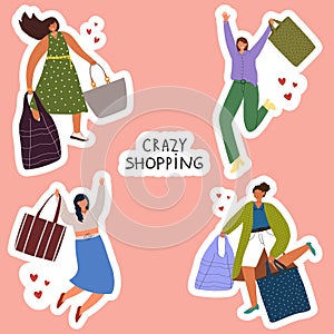 Stickers collection with Stylish happy women enjoy shopping