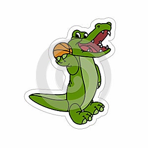 Stickers of Crocodile Stands While Holding a Basketball Cartoon, Cute Funny Character, Flat Design
