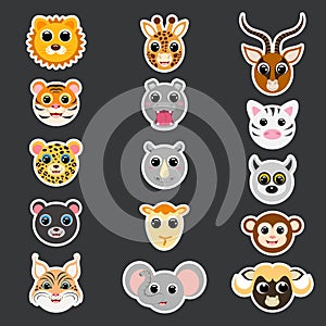 Stickers of cute african animal heads. Cartoon characters. Flat vector stock illustration