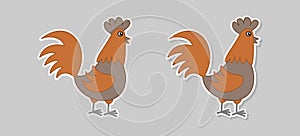 Stickers of a cute brown hen in profile on a gray background - vector