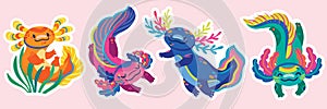 Stickers of cute cartoon axolotls, amphibian creatures