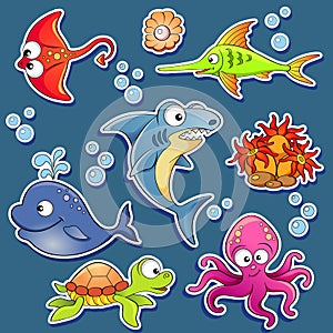 Stickers of cute cartoon sea animals