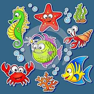 Stickers of cute cartoon sea animals