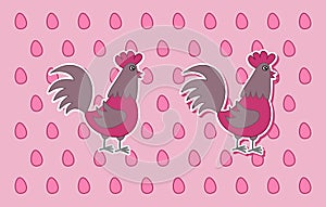 Stickers of a cute pink hen in profile on a background of pink eggs - vector