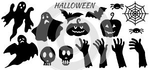 Stickers for cutting out paper for the Halloween holiday. Pumpkin, witch, skull, Ghost, hat, horns, web, spider and hands