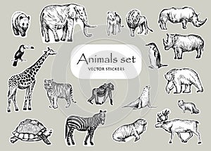 Stickers design set.Vector pen style drawing. Different animals.