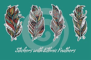 Stickers with ethnic feathers. Vector illustration