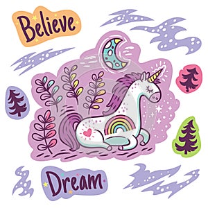 Stickers with fantastic animals, and phrases in cartoon style. Vector illustration