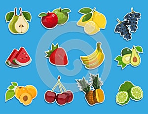Stickers with fresh fruit set. Healthy food. Different types of delicious natural fruits and berries. Different kind of tropical