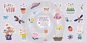 Springtime stickers collection with decorative seasonal elements and hand lettering