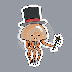 Stickers of Jellyfish Witches Carry Hats and Wands Cartoon, Cute Funny Character, Flat Design