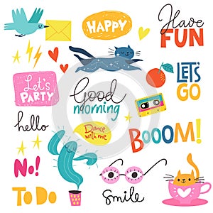 Stickers and labels with funny trendy elements, signs and lettering.