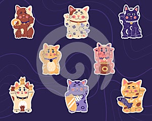 Stickers with Maneki neko, japanese lucky cat, fortune symbol, symbol of good luck, wealth and well-being. Cute kitty