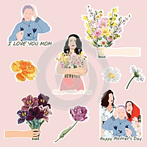 Stickers for Mother`s Day. Signs, symbols, objects and templates for planners, invitations, notebooks, diaries and cards.