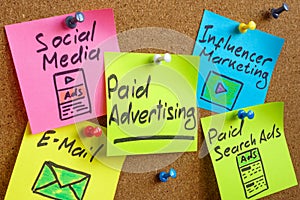 Stickers with Paid advertising notes pinned to digital marketing planning board.